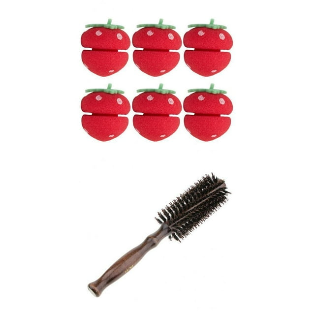 Tachiuwa Brosse à Cheveux Ronde en Bois avec Poils Purs et 6 Pcs Fraise