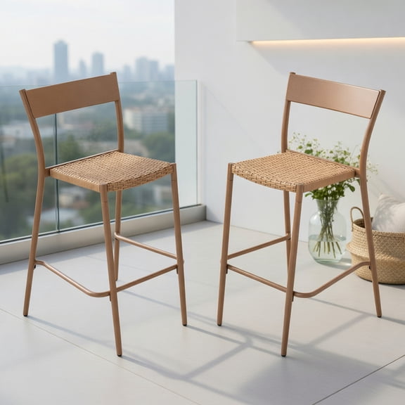 2-Pack Light Brown Woven PE Rattan Bar Stools with Metal Frame, 29" Seat Height, Heavy-Duty 360 lb Capacity – Indoor/Outdoor Patio, Porch & Poolside Seating