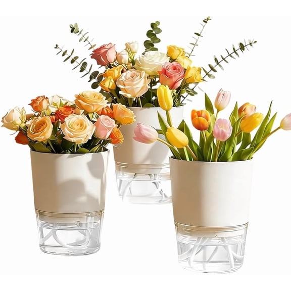 Self Watering Planter Pots, 3 Pack Indoor Wicking Flower Planters, White