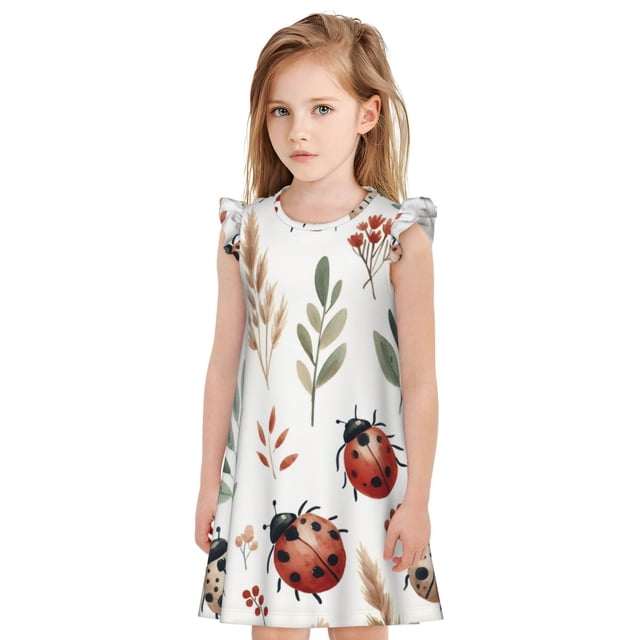 Fotbe Watercolor Ladybug Vestido de Dormir para Niñas de 3 a 10 Años, Mangas Cortas, Estilo Princesa, Pijama Camisón con Mangas Voladas-Medium