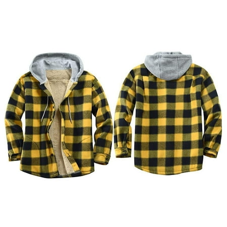 

Men s Drawstring Flannel Fleece Coat Vintage Plaid Hood Work Wear Long Sleeve Hooded Corduroy Blazer Jacket Yellow Jacket Coat Men Size Medium