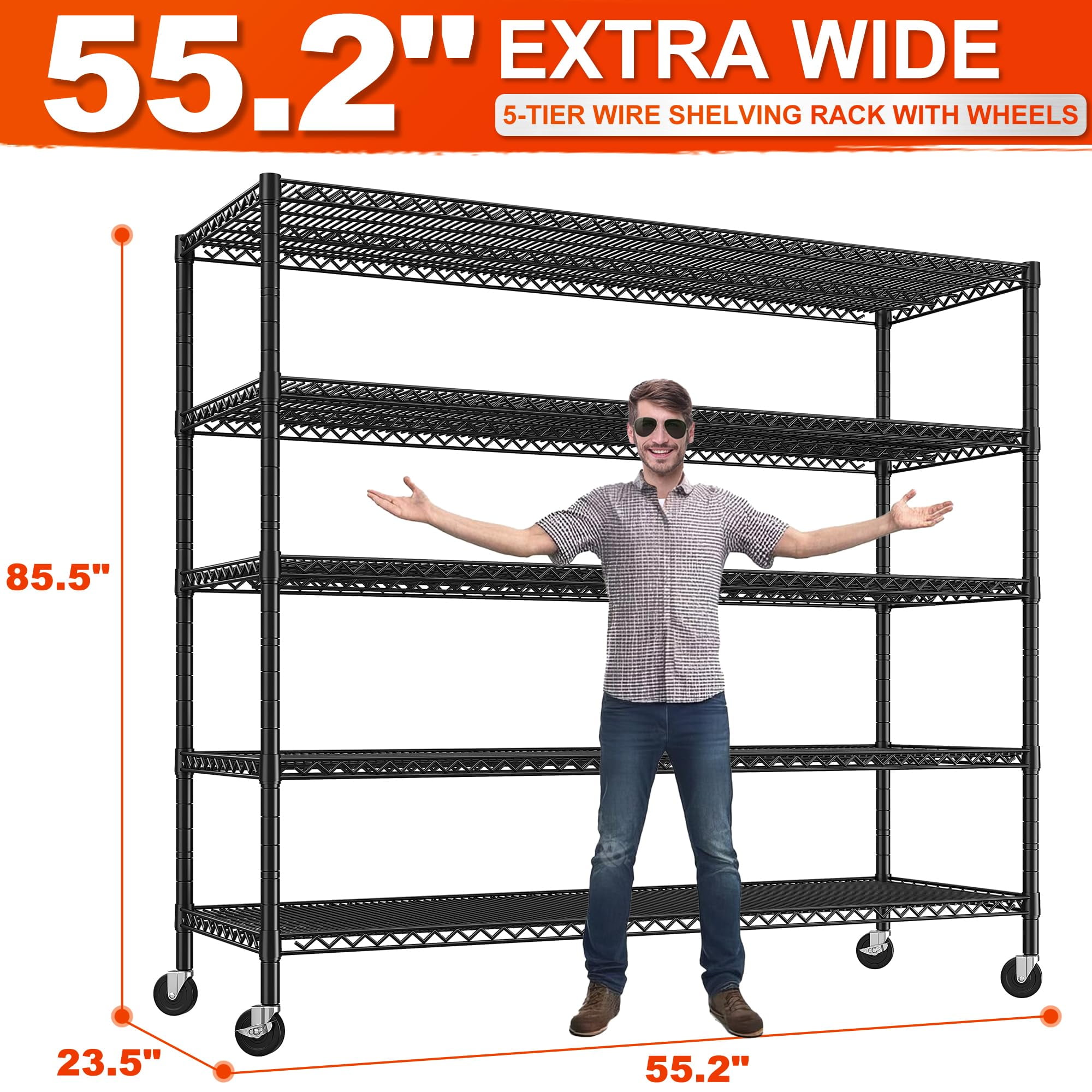55.2"W x 85.8"H Wire Shelving Rack 3000Lbs Metal Storage Shelves with Wheels 5 Tier Heavy Duty Storage Rack for Garage Rolling Shelving Unit Adjustable Steel Shelves for Kitchen Pantry, Black