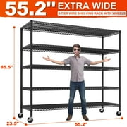 55.2W x 85.8H Wire Shelving Rack 3000Lbs Metal Storage Shelves with Wheels 5 Tier Heavy Duty Storage Rack for Garage Rolling Shelving Unit Adjustable Steel Shelves for Kitchen Pantry, Black