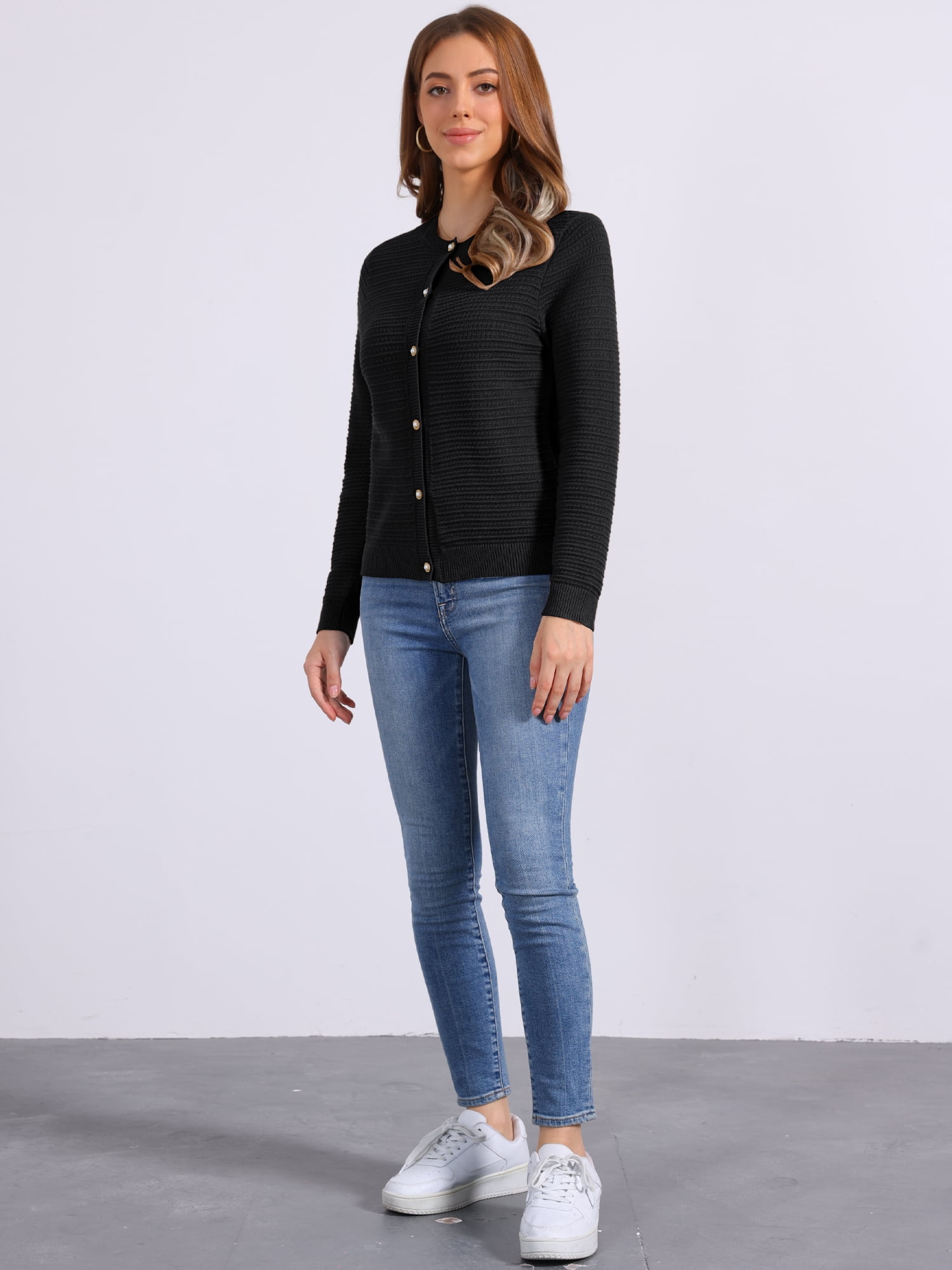 DARING DIVA Women's Crew Neck Long Sleeve Open Front Button Down Cardigan S Black
