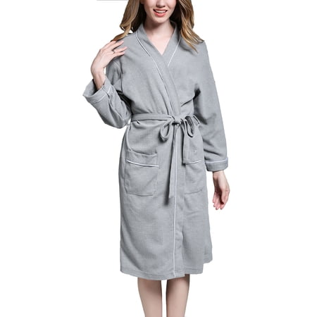 SWSMCLT Women s Waffle Robes Lightweight Long Sleeve Knit Knitted Wave Mid Length Bathrobe Belted Spa Robe with Pocket Sleepwear Tie Up Pure Grey Medium