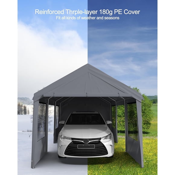 COZONY 10 x 20 Ft Heavy Duty Portable Steel Carport, Sunshade and Gsm Waterproof Canopy, 4 Rolling Doors and 4 Mesh Windows For Pickup Trucks and Boats, Gray