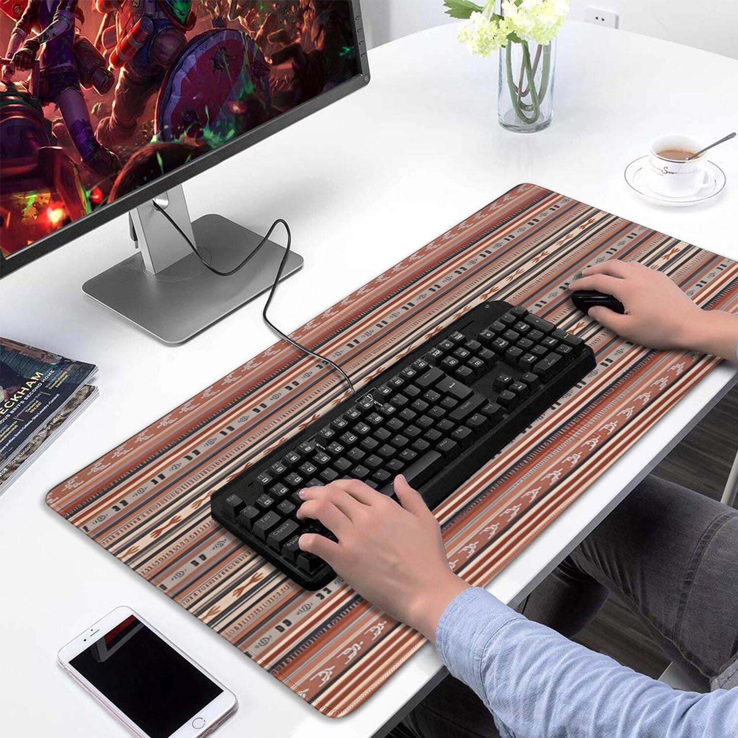 Long Mouse Pads for Desk,Boho Red Striped Ethnic Pattern Desk Mats on Top Of Desks, Desk Mouse Pad Extra Large with 3mm Non-Slip Base and Stitched Edge for Gaming,Office,Work,Home 31.5"x15.7"