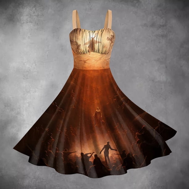 WILLBEST Vestidos con Curvas para Mujer Vestido de Mujer con Estampado sin Mangas con Tirantes En La Cintura y Falda con Vuelo con Personalidad E Grande