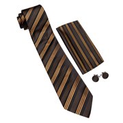 Barry.Wang Golden Silk Ties for Men Sets Woven Black Striped Formal Necktie Pocket Square Cufflinks Wedding Party 4PCS