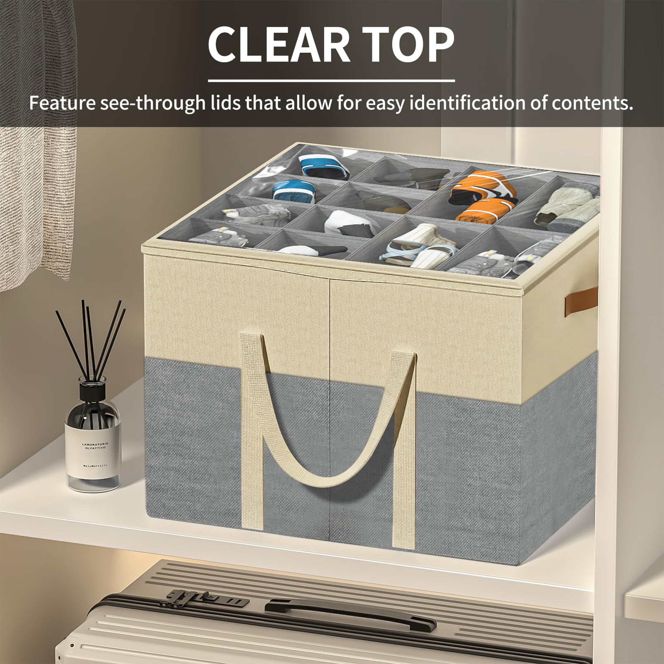 Aokeyee Shoe Storage for Closet, 2 Pack Shoe Box Organizer Containers with Clear Cover and Reinforced Handles, Fits 16-32 Pairs, Beige and Grey
