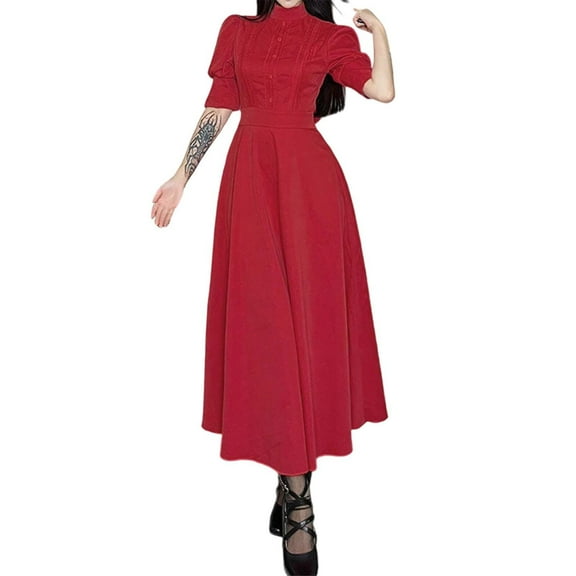 FYEGRE Gothic Elegant Dress For Halloween Girl Party Gown With Long Sleeves And Flared Skirt Red S
