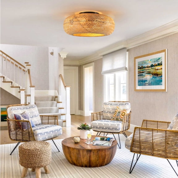 19" Rattan Ceiling Fan with Light 4 Dimmable Bulbs Remote Control 7 Blades Reversible DC Motor for Bedroom Living Room