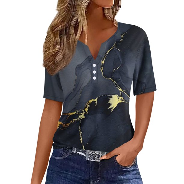 camiseta de mujer camiseta botón estampado manga corta diario fin de semana moda básica cuello en v regular top negro/m