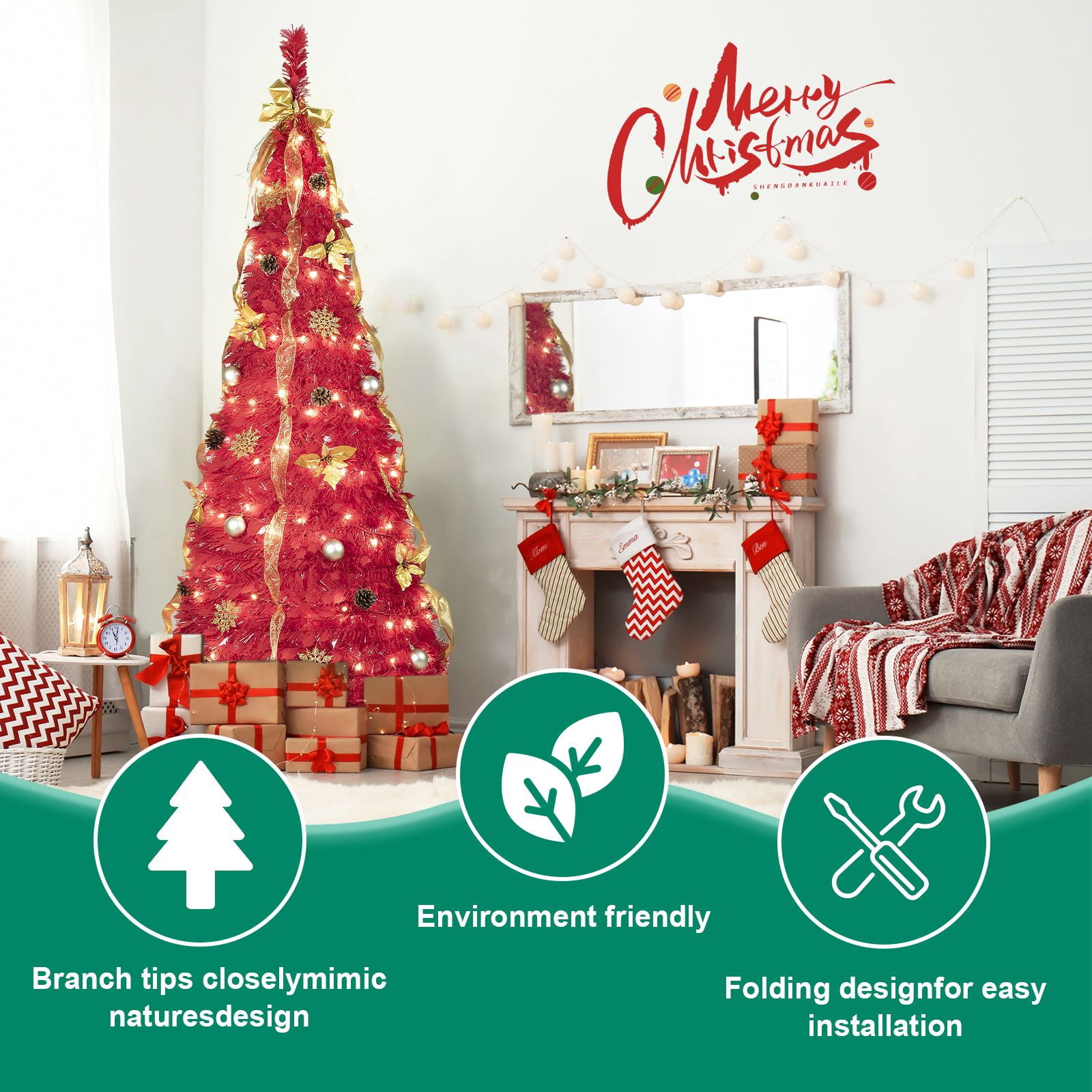Alvantor 6FT Pop-Up Christmas Tree with 150 White LED Lights & Ornaments for Indoor Holiday Decoration Red