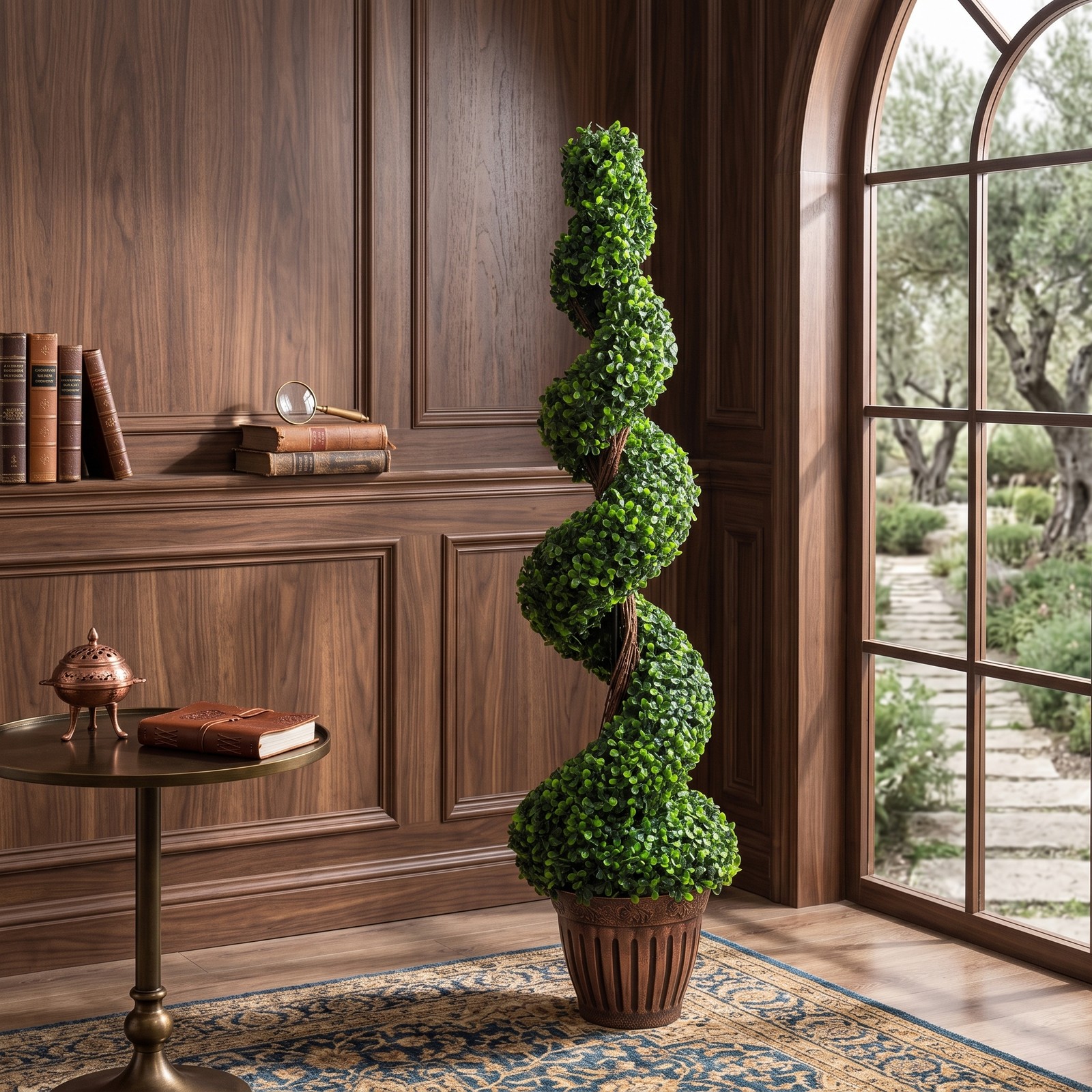 ALPULON 4 Feet Artificial Boxwood Spiral Topiary Tree, 47 Inch Faux Potted Greenery Plant with Cement-Filled Planter for Indoor Outdoor Home Office Porch, Green