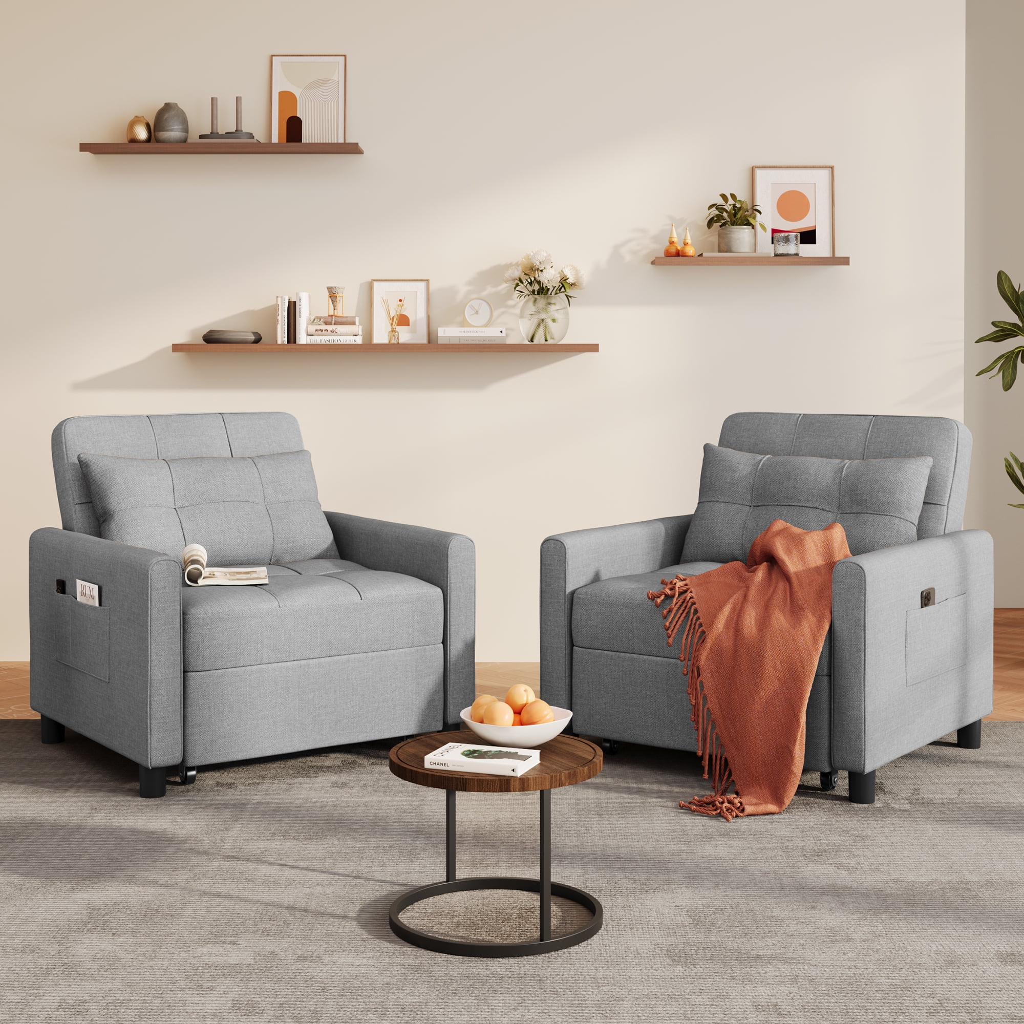 Lofka Convertible Sofa Chair Bed,3-in-1 Sleeper Sofa with Pull-Out Bed Clearance for Apartment| Bedroom, Grey