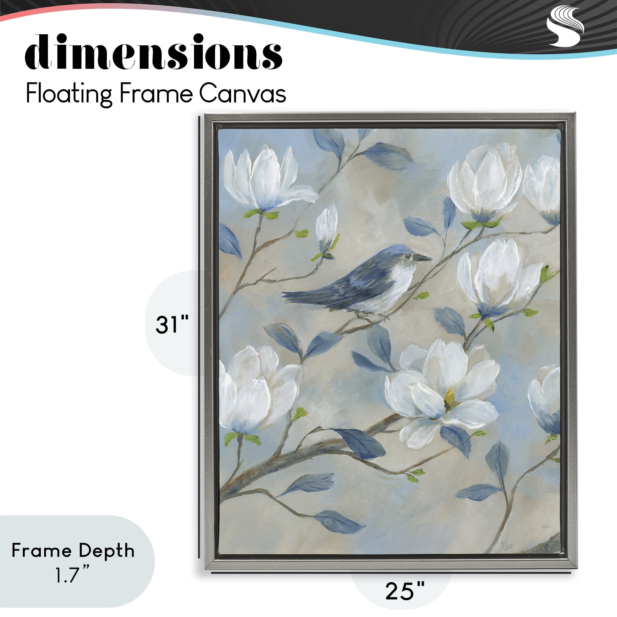 Stupell Industries Blue Bird & Magnolia Gray Framed Floater Canvas Wall Art, design by Nan