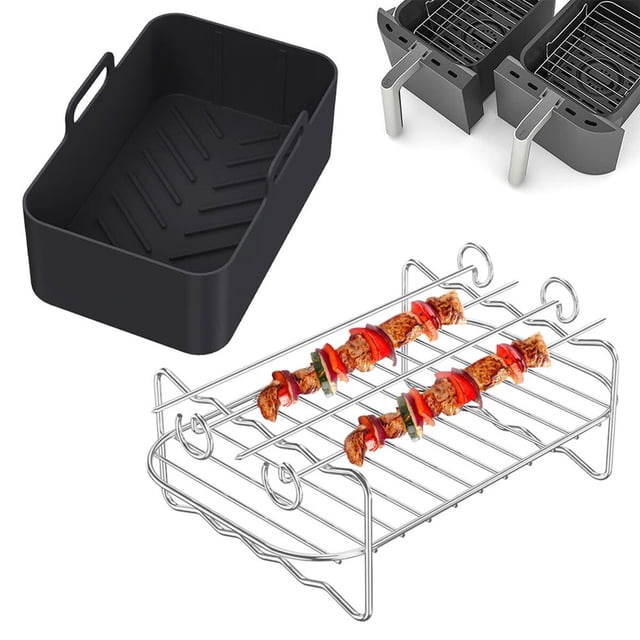 Ensemble d'Accessoires pour Friteuse à Air Chaud 2 Pcs avec Casserole en Silicone pour Friteuse à Air et Grille à Double Couche avec Brochette, Doublure Réutilisable pour Friteuse à Air avec Poignée, Grille en Acier Inoxydable pour Friteuse à Air avec 4 Brochettes