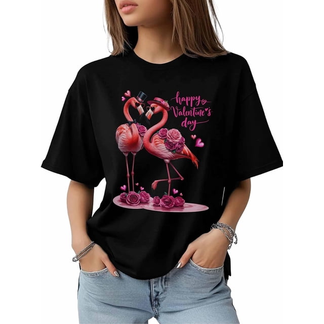 Women's T-Shirt,Short Sleeve Tee Shirts Casual Tops Happy Valentine's Day Flamingo Crewneck T Shirt for Women