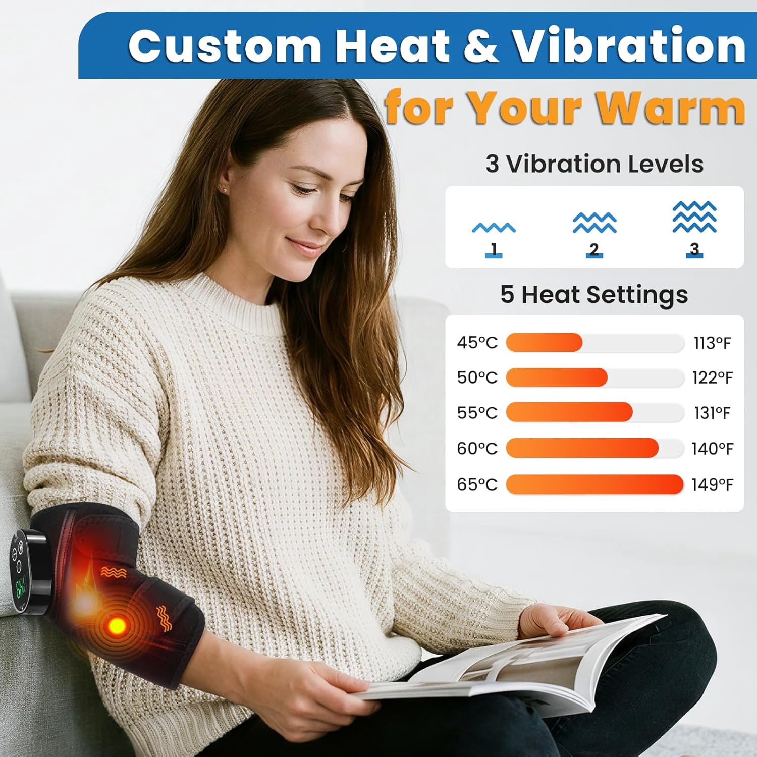 Elbow Heating Pad, Cordless Elbow Brace for Cubital Tunnel and Tennis Elbow Relief, 5 Heat Levels & 3 Vibration Gears, Arm Heating Pad Sleeve with Long Battery Life