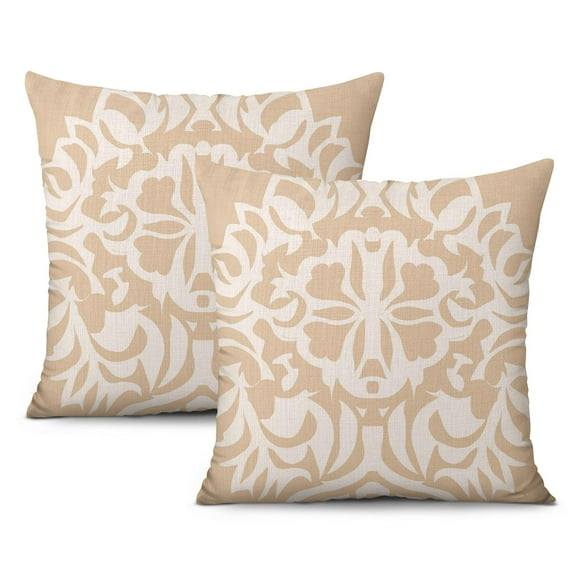 Bohemian Beige Floral Brown Lines Throw Pillow Covers 16"x16", Set Of 2, Linen Study Sofa Cushion Cover Indoor Living Room Home Decor