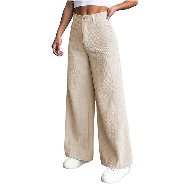 Women's corduroy trousers with pockets, high-waisted, wide-leg business formal trousers Navy Blue XXL