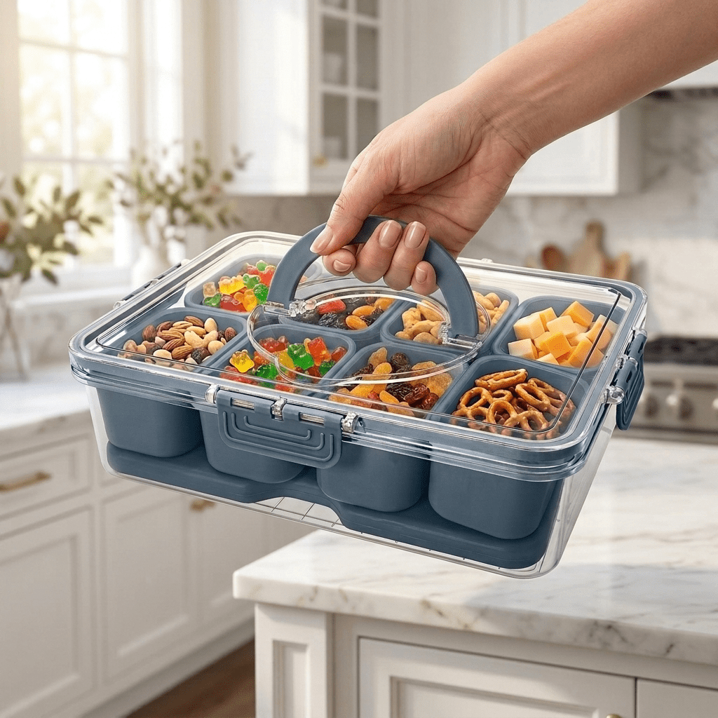 Cook with Color 8-Compartment Snack Box Food Storage Carrier, Charcuterie Container with Ice Pack, Portable and Dishwasher Safe, Leak Proof, Blue