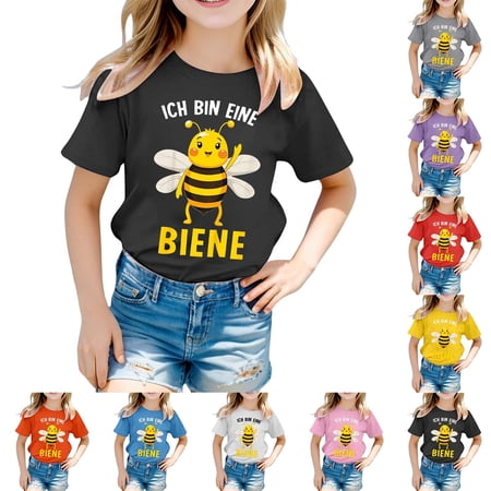 FASHOFT Shirts For Baby Girl Vivid Honey Bee Graphic Printed Short Sleeve Casual Daily Tops Breathable Soft Home Wear Sweet Lovely Trendy Kids Basic Attire Baby Girl Summer Tops Sky Blue 1-2 Years