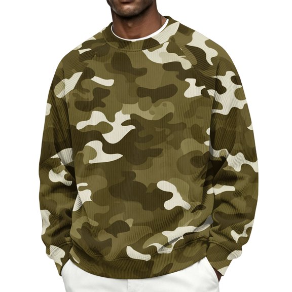 IAJDKMEK Men's Camo Corduroy Crewneck Sweatshirt - Loose Fit Long Sleeve Pullover Top for Men, Camouflage Print Casual Sweatshirt for Outdoor,Army Green L