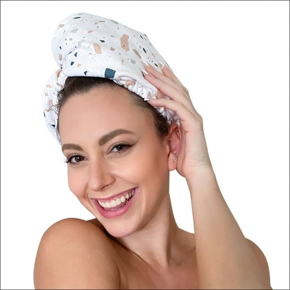 Kitsch Microfiber Hair Towel Wrap - Quick Dry Curly Hair Wraps for Women (White Terrazzo)