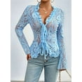 thumbnail image 4 of Lace Tops for Women Long Sleeve See Through Sheer Mesh Crop Top Shirt Open Front Tie Blouse Ruffle Blue L, 4 of 8