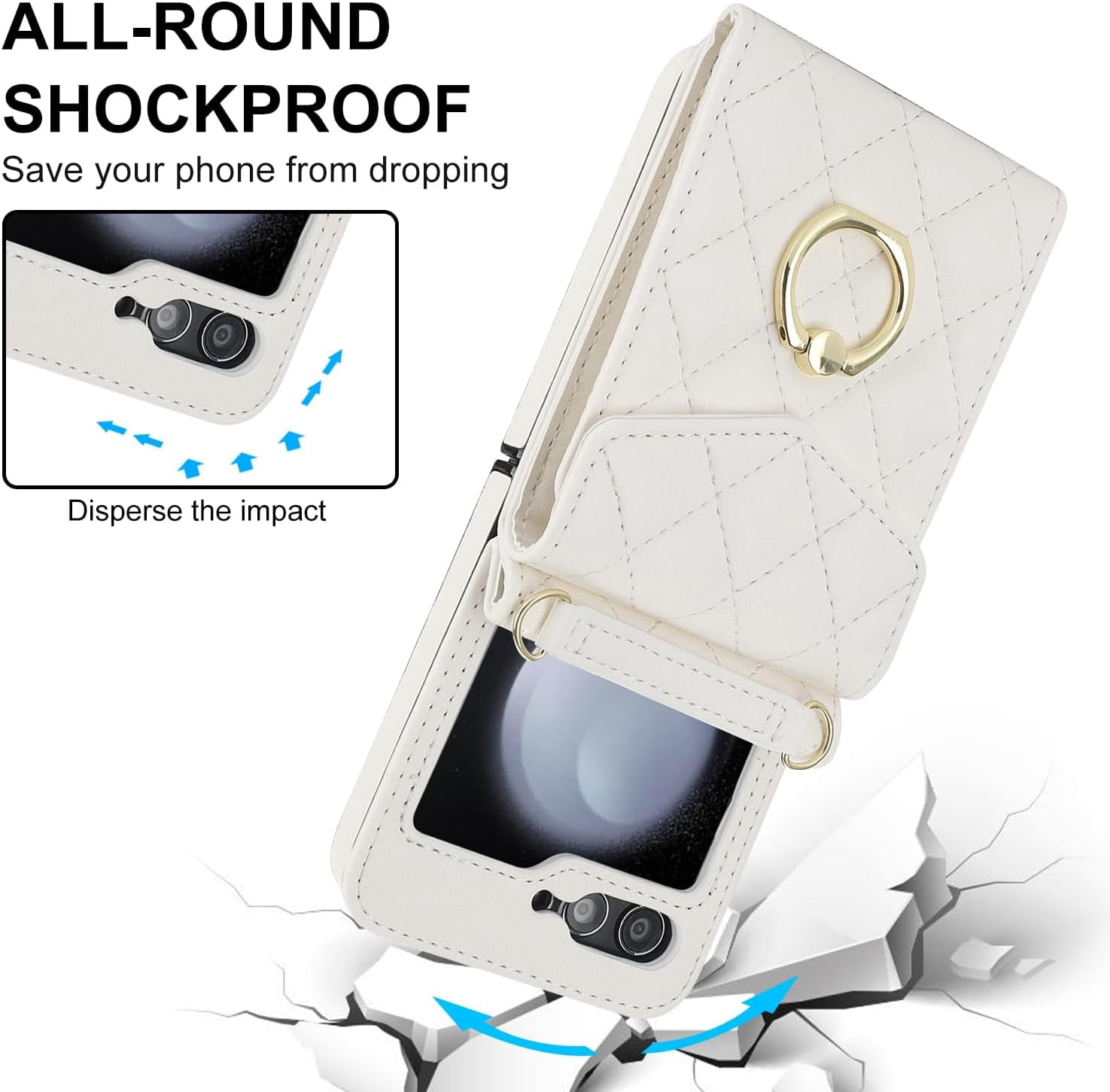 Phone Case for Samsung Galaxy Z Flip 5 5G 2023 Wallet Cover with RFID Blocking Ring Crossbody Wrist Strap Stand Credit Card Holder Leather Cell ZFlip5 Z5 G Flip5 5Z Women Men Girls Off White
