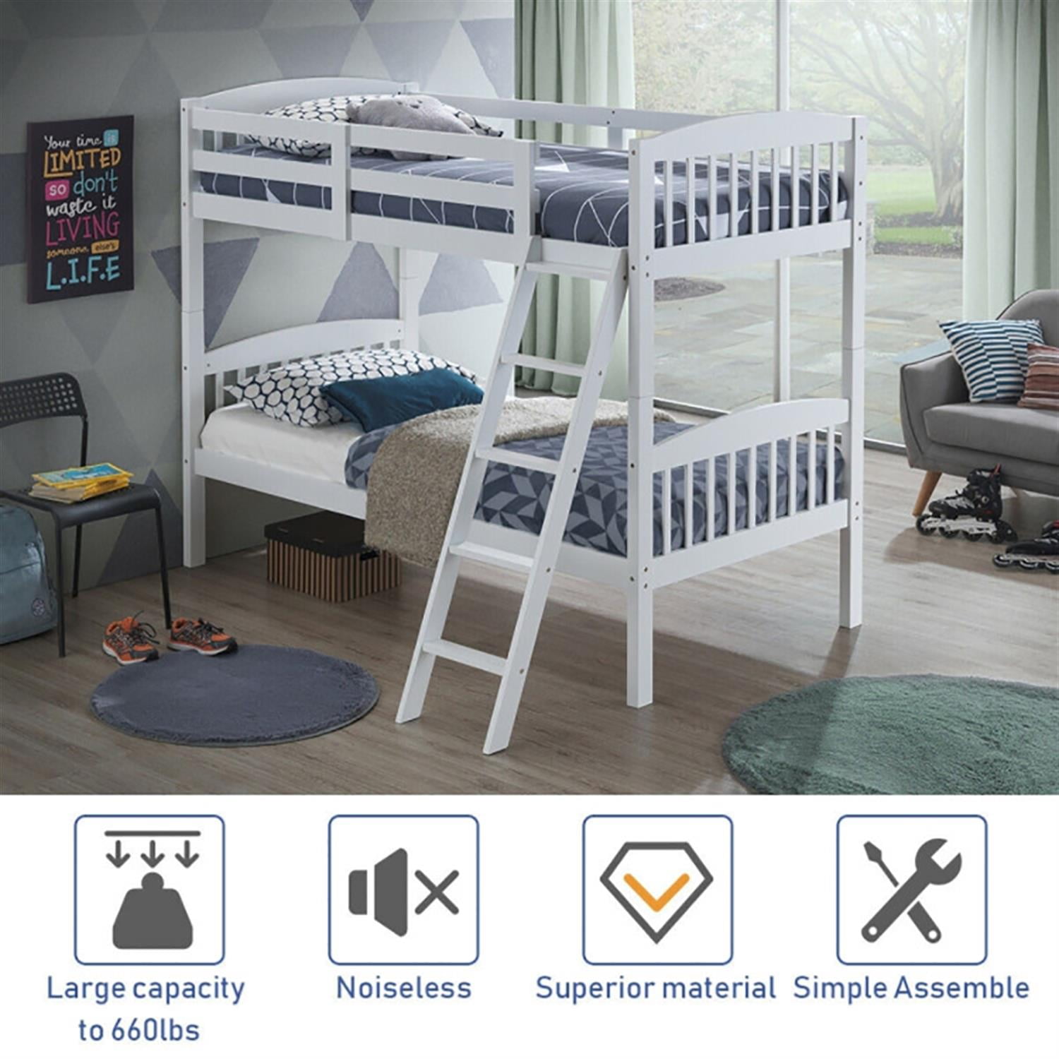 Demi Bonn Solid Wood Twin Over Twin Bunk Bed with Detachable Ladder, Twin Bunk Beds, Converts to 2 Individual Twin Beds, White