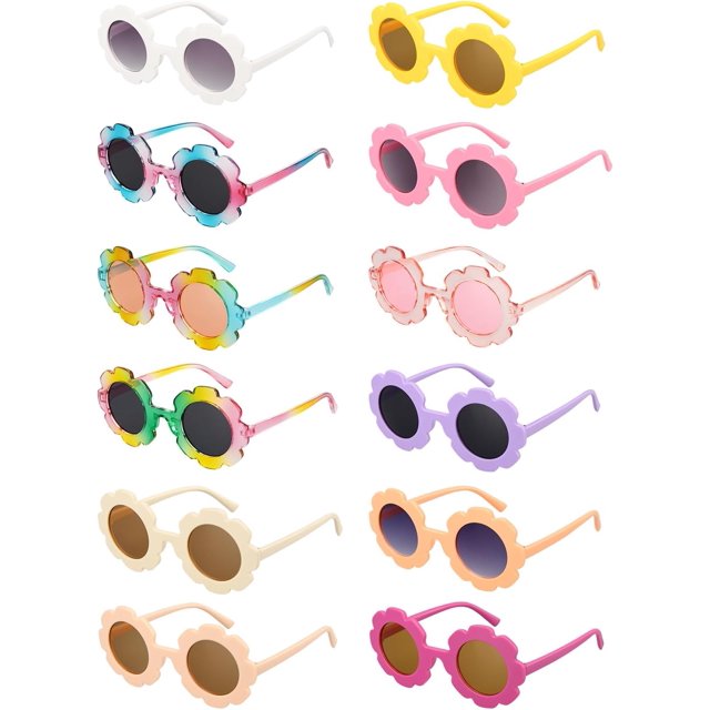 Paquete de 2/4/8/12/24 Juego de gafas de sol redondas de flores, kit de gafas de sol para niños al aire libre, 12 opciones de color Gafas de sol de flores