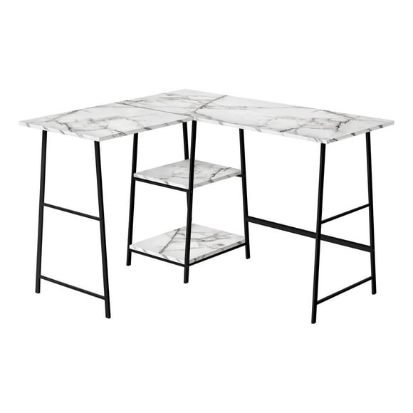 Monarch Specialties Computer Desk, Home Office, Corner, Storage Shelves, 48"l, L Shape, Work, Laptop, Metal, Laminate, White Marble Look, Black, Contemporary, Modern