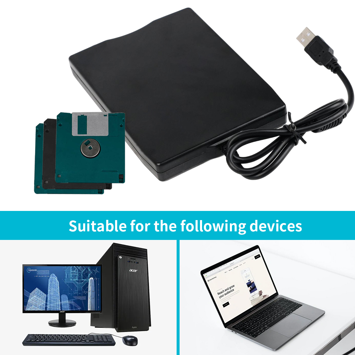 USB Floppy Disk Drive 3.5" Portable USB External 1.44MB FDD Diskette Drive for PC Windows 2000