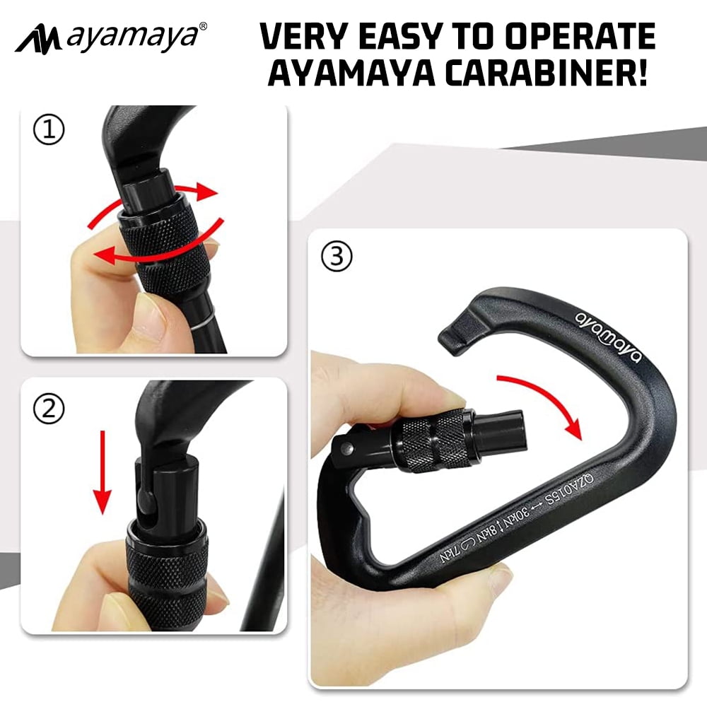 3PACK AYAMAYA Climbing Carabiner, Aluminum D Ring Locking Clip Hook, Screw Locking Screwgate Carabiners,Screw Lock Hook for Traveling Camping (Black)