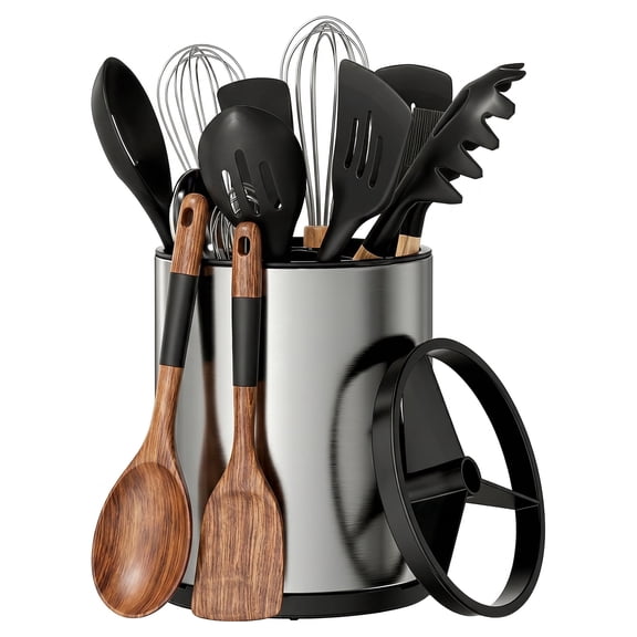 Alylo Kitchen Utensil Holder, 360° Rotating Extra Large 3-Compartment Flatware Caddy, Stainless Steel, Silver
