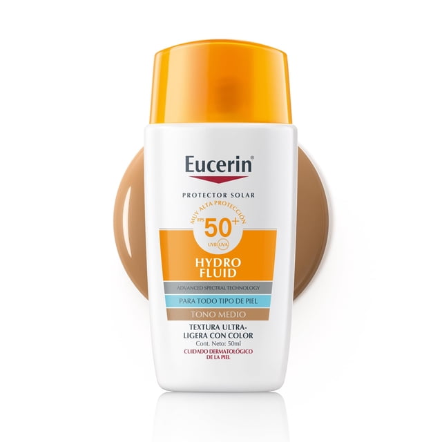 Eucerin Sun Face Hydro-Fluid FPS 50 + Tono Medio 50ml Protector Solar Facial con Color, textura ligera, suave y refrescante. Rápida absorción sin sensación grasosa o p