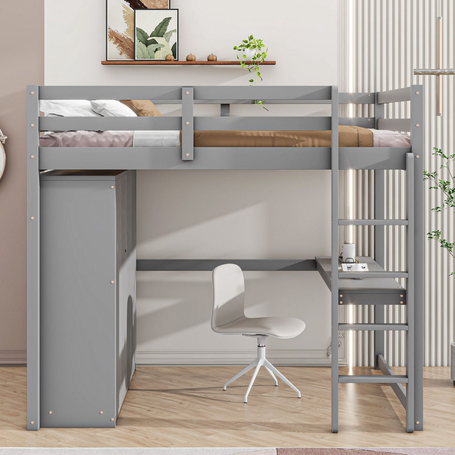 Asteroutdoor Wood Full Size Loft Bed with Built-in Wardrobe, Desk, Storage Shelves and Drawers, Gray