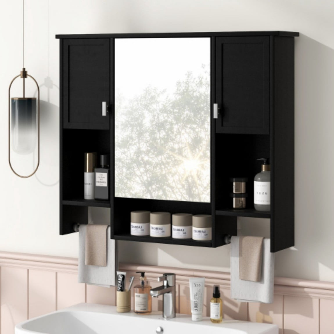 35"x 28" Wall Mounted Bathroom Medicine Cabinet with Mirror, Bathroom Storage Cabinet with Towel Bar, Adjustable Shelves, 3-Door MDF Wall Cabinet, Black