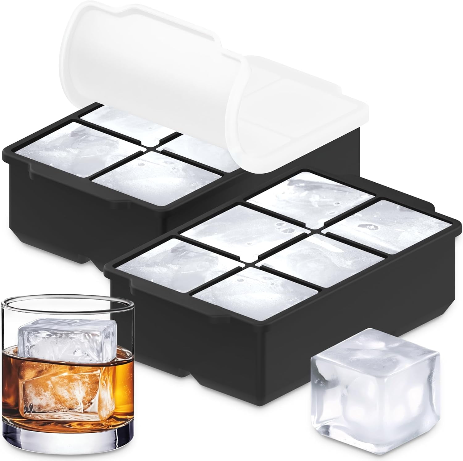 Large Silicone Ice Cube Tray 2-Pack with Lid, Easy Release Big 2-Inch Ice Molds for Cocktails and Whiskey, Stackable Freezer Trays Durable Black