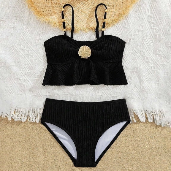 YMNXA Big Kids Girls 2 Piece Swimsuits Sleeveless Cute Design Ruffle Trim Top And Bottoms Bikinis Sets Comfortable Stylish Swimwear For Beach Pool Water Sports Black 4-5 Years