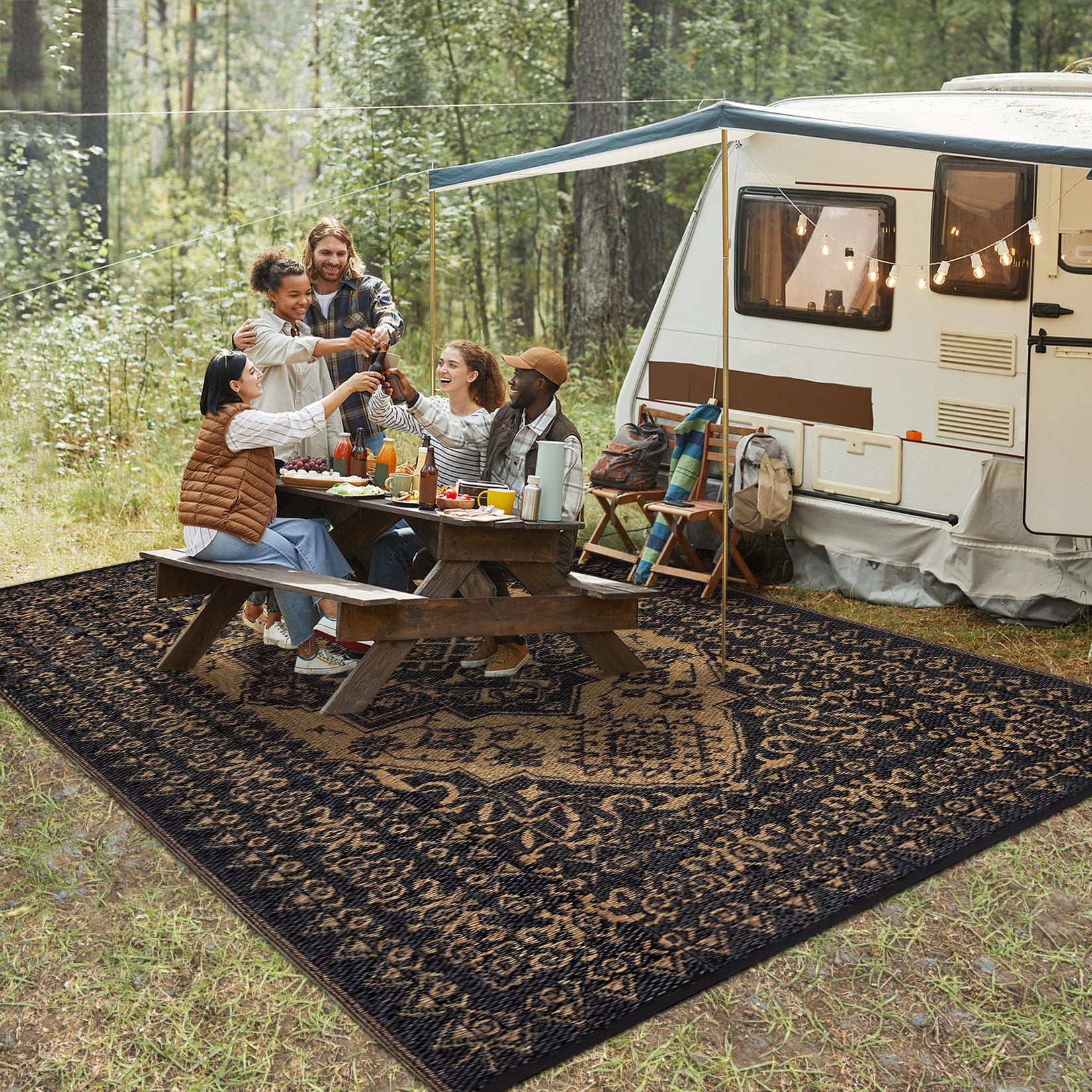 Garvee Outdoor Rug 8'x10' Waterproof Reversible Plastic Straw Rug, Indoor Outdoor Rug for Patio RV Camping Balcony Deck Backyard, Black & Brown