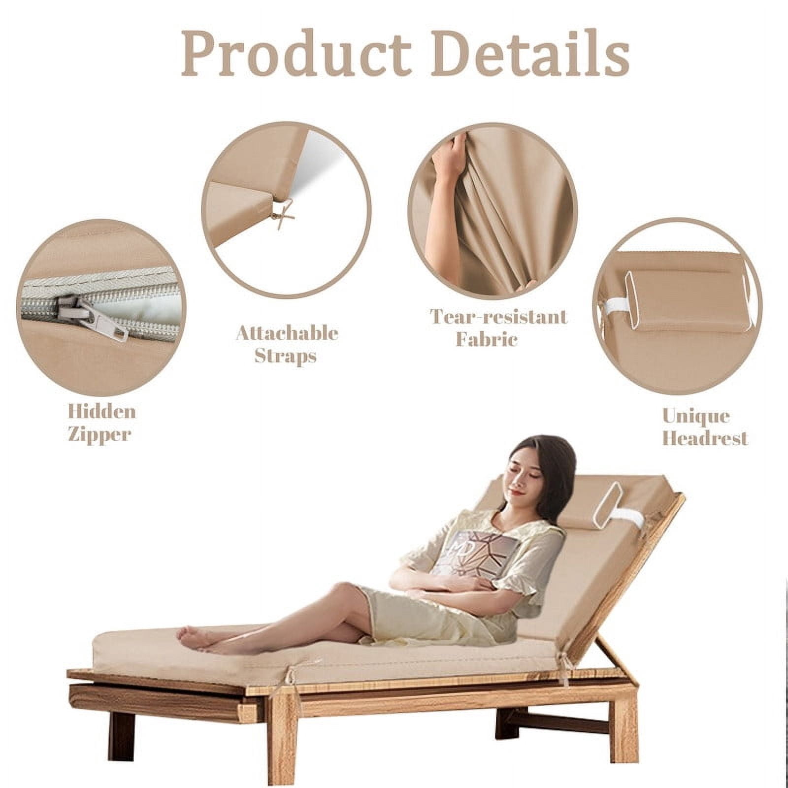 Outdoor Chaise Lounge Chair Cushion, Replacement Cushions For Patio Furniture, Waterproof Pool Chair Cushions With Headres, Fade Resistant Sun Lounger Cushions（1pc Beige ）