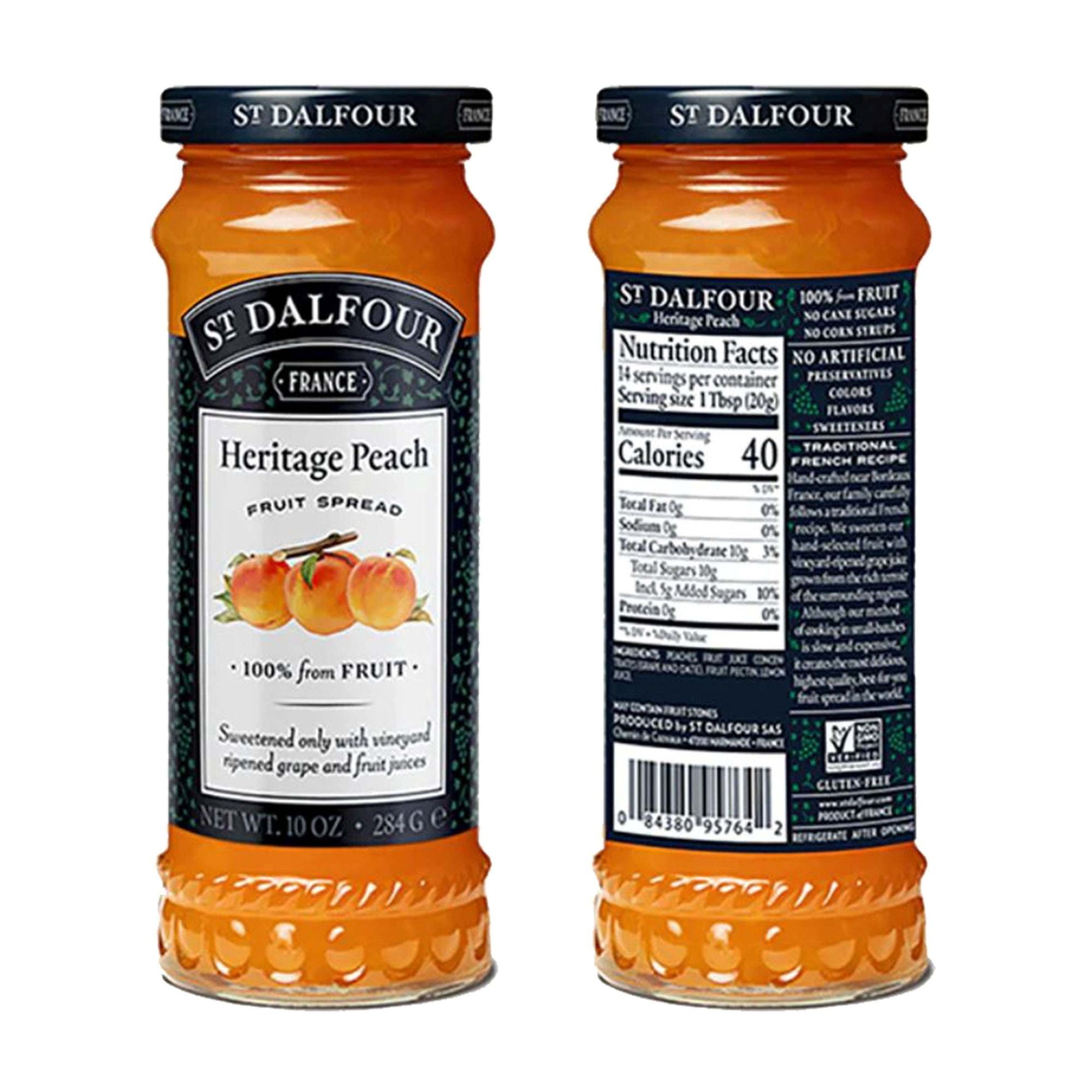 St. Dalfour Heritage Peach Fruit Spread Preserve 2 X 10 Oz. (284 G) with Stainless Steel Spreader Spoon (3-Pc Set)