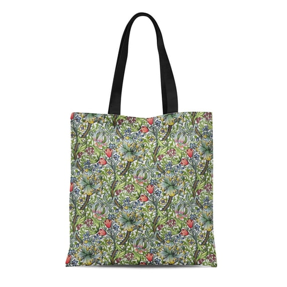 KDAGR Canvas Tote Bag Green Pattern William Morris Golden Lily Floral Vintage Nouveau Reusable Handbag Shoulder Grocery Shopping Bags