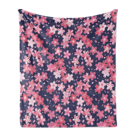 Navy and Blush Soft Flannel Fleece Throw Blanket, Delicate Spring Theme Flourishing Sakura Petals Japanese Garden, Cozy Plush for Indoor and Outdoor Use, 70" x 90", Dark Blue Coral Pink, by Ambesonne