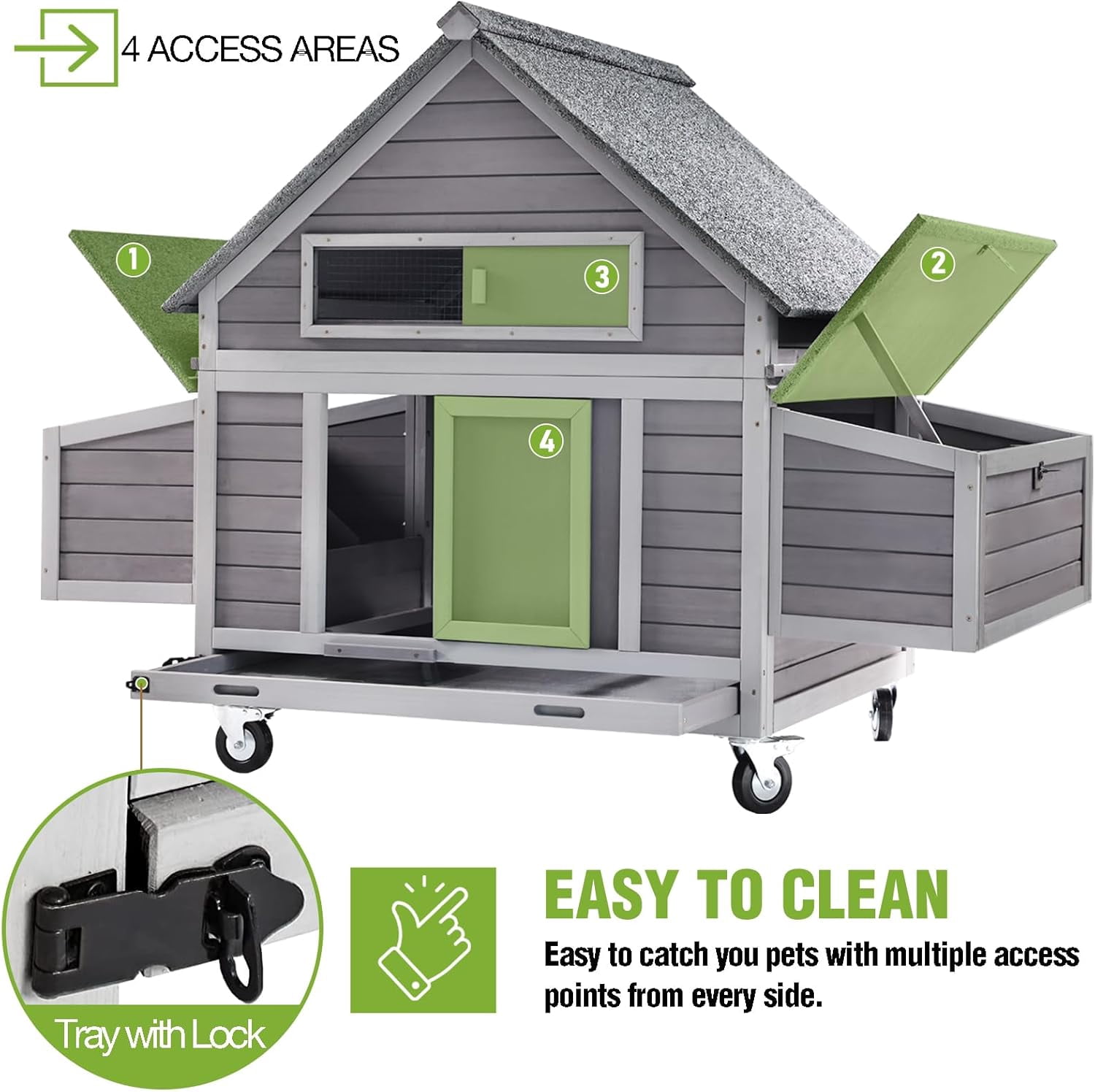Aivituvin Large Chicken Coop with Wheels 6 Nesting Box Outdoor Mobile Hen House Wooden Poultry Cage Waterproof Asphalt Roof for 4-6 Chickens Gray