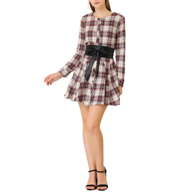 Vestido de camisa A-line con cinturón de manga larga y estampado de cuadros para mujeres Inspire Chic M Burdeos